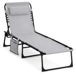 Folding Sun Lounger Outdoor Sunbed Portable, 5-Position Adjustable Backrest with Pillow, Side Pocket Garden Recliner Chair, 600 D Oxford Fabric Seat for Deck, Patio, Poolside, Beach, Camping Grey