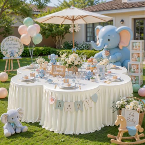 PARTISKY Light Ivory Pleated Ruffle Table Cloth for Wedding Baby Shower Display Table,Wrinkle Resistant Polyester Table Skirt for Rectangle Tables 14ft