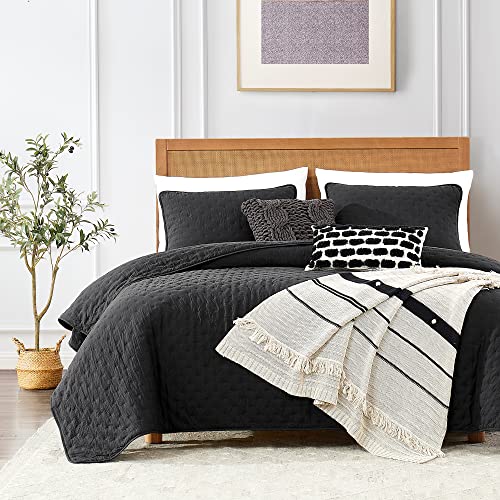 ROARINGWILD - Twin Size Black Boho Quilt Set with Pillow Sham, Lightweight Soft Bedspread, Quilted Throw, Thin Comforter for All Seasons, 2 Pieces, 68 x 90 inches