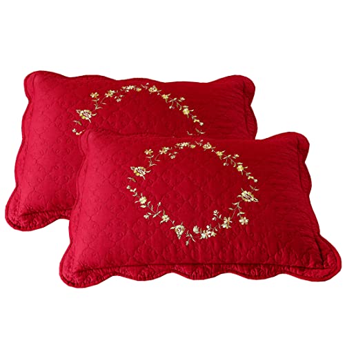 "vctops 2-Piece Christmas Red Floral Embroidered Pillow Shams Queen Size 100% Cotton Quilted Decorative Pillow Shams Set (Red,20""x28"")"