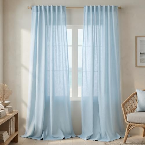 Sky Blue Semi Sheer Curtains 96 Inch Length 2 Panels Set Linen Textured Window Drapes with Light Filtering Lightweight Rod Pocket Back Tab Baby Light Blue Curtains for Living Room/Girls Bedroom/Patio