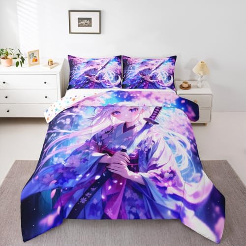 Erosebridal Anime Girl Queen Comforter Set for Kids, Kawaii Japanese Anime Bedding Set Cartoon Manga Girl Duvet Insert Sci Fi Style Japanese Animation Quilt for Kids Girls Teens Adult Bedroom