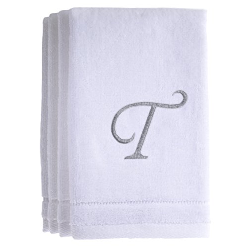 Monogrammed Towels Fingertip, Personalized Gift, 11 x 18 Inches - Set of 4- Silver Embroidered Towel - Extra Absorbent 100% Cotton- Soft Velour Finish - For Bathroom/Kitchen/Spa- Initial T (White)