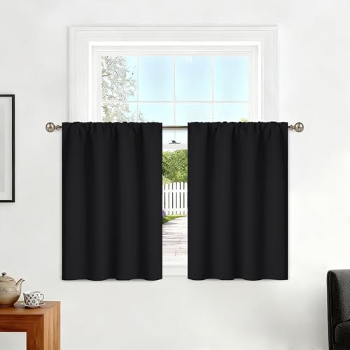 Yakamok 36 Inches Black Blackout Curtains Valances for Basement Windows - Room Darkening Rod Pocket Window Valances for Kitchen Windows???2 Panels???Width 38 by Length 36