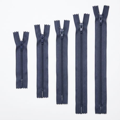 Trimz Navy Zip Essentials - 5 Autolock Zips in 5 Sizes (15cm, 20cm, 25cm, 30cm, 40cm) - Closed End Nylon Zips with 4mm Teeth for Dressmaking, Bags & Cushions