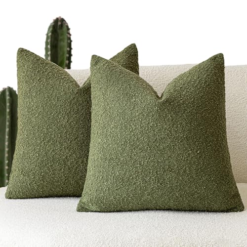 Foindtower Set of 2, Decorative Textured Boucle Throw Pillow Covers Accent Solid Pillow Cases Neutral Soft Cozy Couch Cushion Case for Chair Sofa Bedroom Living Room Home Decor 16 x 16 Inch Green