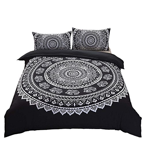 DasyFly 3 Piece Bohemian Mandala Bedding King Size Duvet Cover Sets,Elephant Boho Chic Hippie Bedding Mandala Quilt/Comforter Cover for Aducts Boys Girls Black White