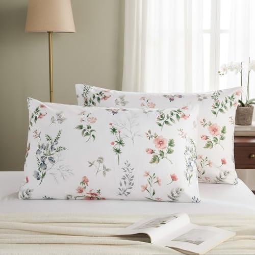 "Cozaline Standard Size Pillowcases Set of 2, 100% Cotton Pillow Cases, French Pink Floral Pillow Covers, Soft Breathable Romantic Pillow Case with Envelope Closure (Standard, 20""x26"")"