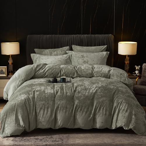 "PHF Truly Velvet Duvet Cover Set Queen Size, 3pcs Ultra Soft Breathable Comforter Cover Set, Luxury Cozy Flannel Duvet Cover with Pillow Shams Bedding Collection, 90"" x 90"", Smokey Olive"