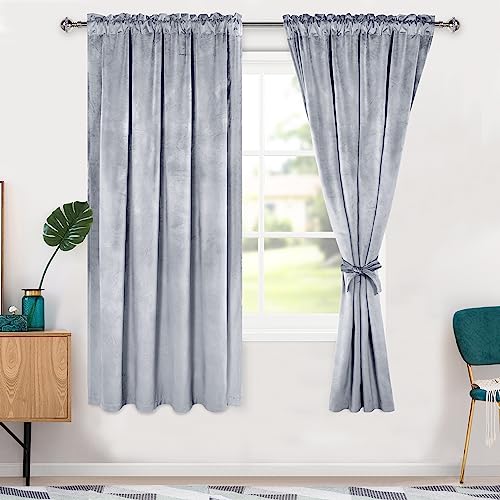 Hiasan Velvet Curtains 72 inch Blackout Rod Pocket Thermal Insulated Soft Curtains Room Darkening Window Drapes with Tiebacks for Bedroom Living Room, Set of 2 Panels, 52W x 72L, Silver Grey