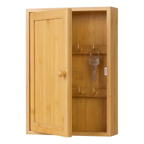 Relaxdays Key Cabinet, Bamboo, 8 Hooks, Design B, H x W x D: 27 x 19.5 x 6 cm, Hall, Wall, Natural