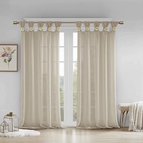 "Madison Park Rosette Floral Embellished Cuff Tab Top Solid Single Window Treatments Sheer Curtain Panel Drape for Bedroom Living Room and Dorm, 50""x84"", Linen"