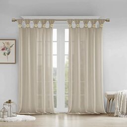 "Madison Park Rosette Floral Embellished Cuff Tab Top Solid Single Window Treatments Sheer Curtain Panel Drape for Bedroom Living Room and Dorm, 50""x84"", Linen"