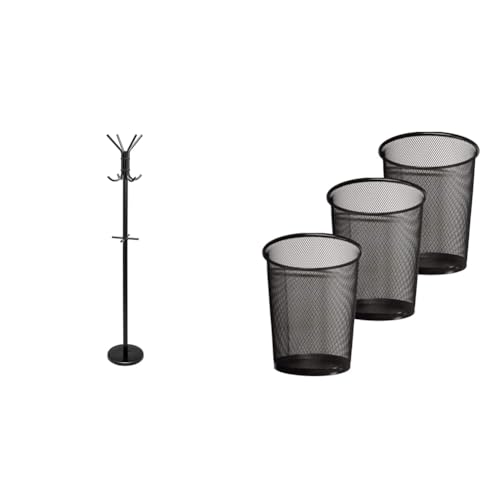 Amazon Basics Hat and Coat Stand Rack, Black & Zuvo Pack of 3 Circular Mesh Waste Paper Bin, Lightweight Waste Basket Garbage Can