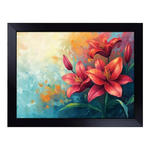 Lap Tray with Bean Bag Cushion, Lily Flower Composition - Handmade in the UK, Raised Wooden Edge, Padded Cushion, Heat-Resistant Wipe-Clean Surface, for Meals, Laptops and Crafts