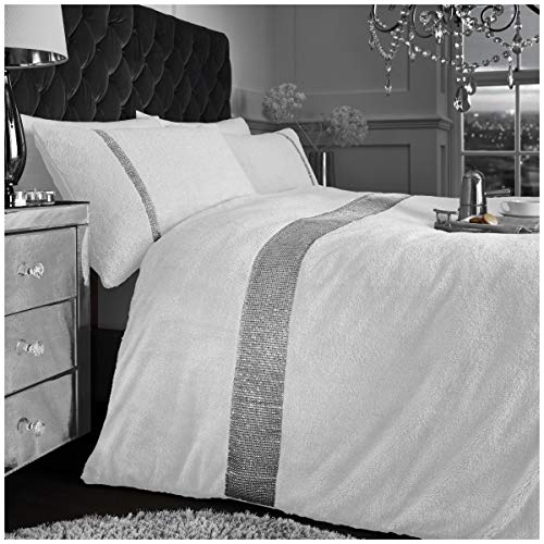 GC GAVENO CAVAILIA Luxury Teddy Arcade Duvet Set, Diamante Shiny Fleece Bedding Quilt Cover With Matching Pillowcases, White, Kingsize