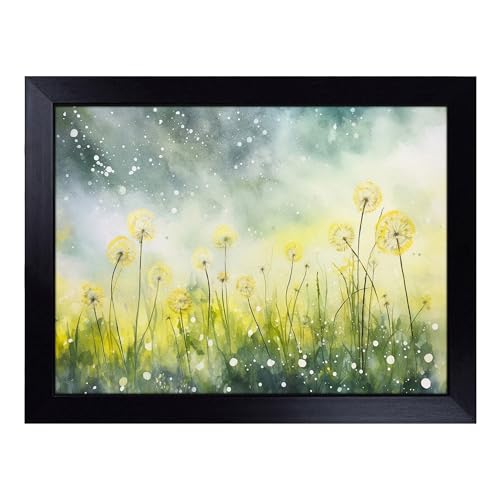 Lap Tray with Bean Bag Cushion, Dandelion Watercolour - Handmade in the UK, Raised Wooden Edge, Padded Cushion, Heat-Resistant Wipe-Clean Surface, for Meals, Laptops and Crafts