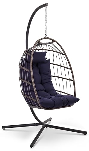 SereneLife Hanging Egg Chair with Stand - Wicker Rattan Outdoor Swing Chair, Powder-Coated Steel Frame, Padded Cushion & Headrest - Ideal Swinging Chair for Bedroom, Patio, Backyard - 350 lbs Load
