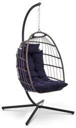 SereneLife Hanging Egg Chair with Stand - Wicker Rattan Outdoor Swing Chair, Powder-Coated Steel Frame, Padded Cushion & Headrest - Ideal Swinging Chair for Bedroom, Patio, Backyard - 350 lbs Load