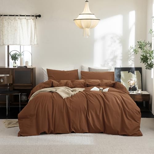 FOSSA Duvet Cover Set 100% Washed Cotton Linen Feel Super King - Super Soft Breathable Lightweight & All Season Bedding Set with Hidden Zipper & 8 Corner Ties (Dark Pumpkin)