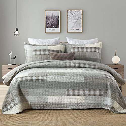 SahSahCasa Quilt King Size, King Quilt Set, 100% Cotton King Quilt Bedding Set Bedspreads, Farmhouse Reversible Patchwork Lightweight Plaid Quilts Bedspread for All Season, Grey/Cream, 3 Pieces