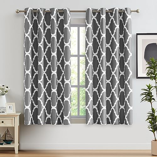 Melodieux Blackout Eyelet Curtains with Moroccan Print for Bedroom, Living Room, Small Windows, 132.1 x 114.3 cm, Grey (2 Panels)