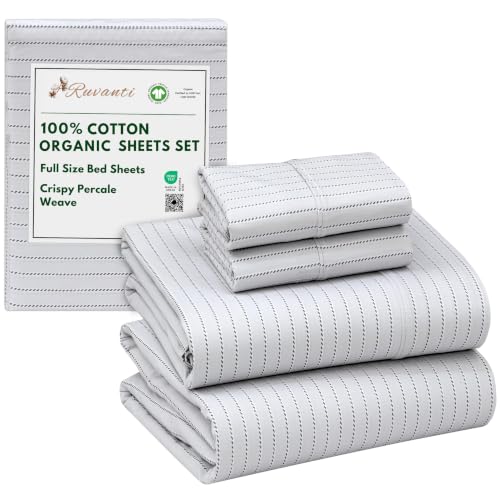 "Ruvanti 100% Organic Cotton Sheets Full Size, Percale Weave, GOTS Certified, 4-Piece Set, Deep Pocket 15"", Crisp & Breathable, Soft Durable Bedding, S??banas Algod??n Org??nico ??? Construction Line"