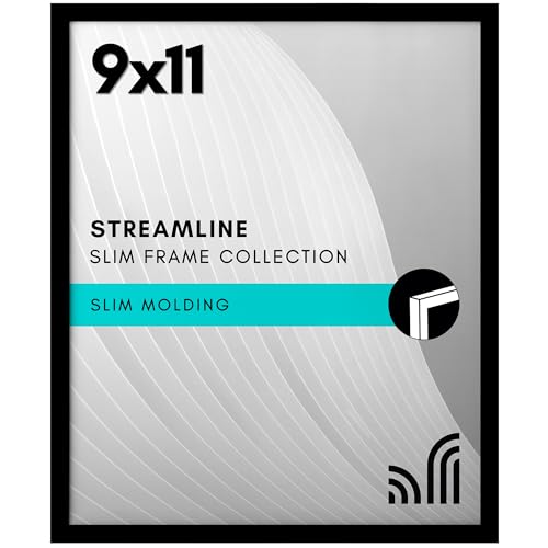 Americanflat 9x11 Picture Frame with Shatter-Resistant Glass - Streamline Collection - Thin Border Photo Frame for Tabletop and Wall Display - Hanging Hardware and Easel Stand Included - Black