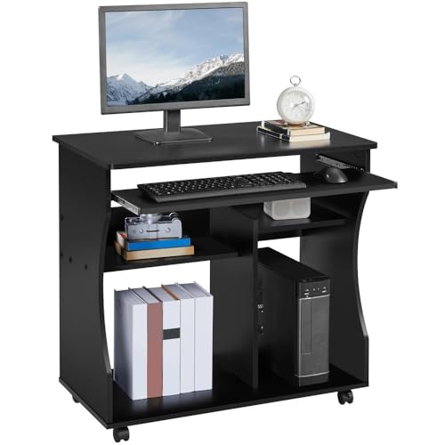 Yaheetech Movable Computer Office Desk PC Laptop Table Home Office Furniture with Sliding Keyboard 2 Shelves Study Workstation on Wheels Black 80.1x48.1x76.2cm