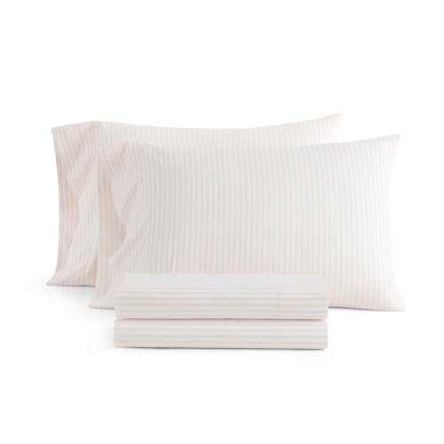 Martha Stewart - Queen Size Sheets Set, Crisp & Tailored Cooling Sheets with a Smooth Cotton Percale Lightweight Feel - Bed Sheets with Matching Pillowcases & Fitted Sheet (Ticking Stripe Pink)
