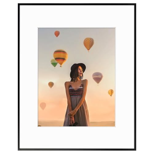 Frametory, 16x20 Aluminum Picture Frame - 16x20 Black Frame with Ivory Color Mat for 11x14 Photo - 20 by 16 Metal Photo Frame & Real Glass - Sawtooth Hanger Included for Wall Display - 1 Pack