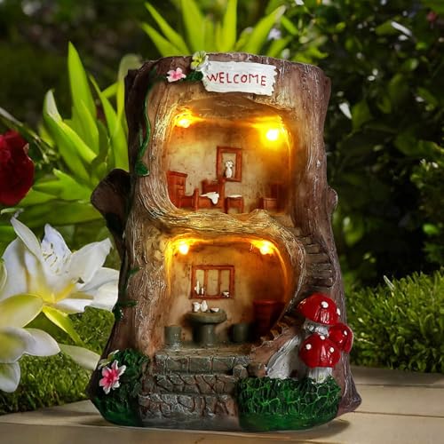 "BEXLEYBAY Solar Light Gnome Fairy House Outdoor Statues, Big Size Elf Miniature Buildings Sculptures for Garden Patio Lawn Path Decorations, 8"" Tall"