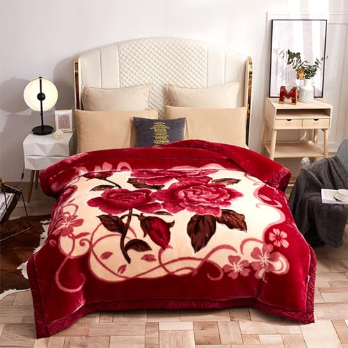 MODUSKYE Heavy Korean Mink Blanket, 7.7 lbs Exuberant Flower Thick Winter Blanket 78x90 in Queen Plush Double-Layer Soft Weighted Blankets for Bed (Hot Hibiscus+Cream)