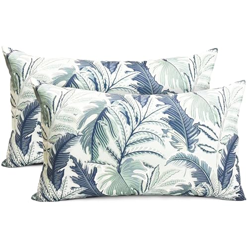 RYSMIYOU Decorative Throw Pillow Covers Set of 2 Blue Green Large Leaves Pillow Covers 12x20 inch Soft Short Plush Square Floral Throw Pillows,Farmhouse Outdoor Pillow Covers for Couch Living Room