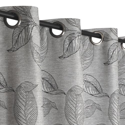 Atout Ciel Jacquard Curtain with Eyelets 140 x 240 cm – Lead Base – Modern Foliage Design – Ready to Hang, Grey/Black