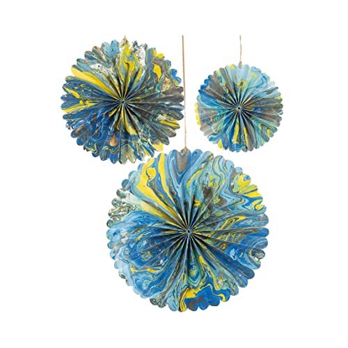Marble Blue Paper Fans Reusable Party Decorations -- Round Wheel Discs for Birthday, Wedding Room Wall D??cor 3 Pack