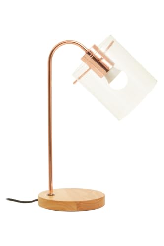 Premier Housewares Desk Lamp With USB Charging Port Shiny Copper Curved Table Lamp With Clear Glass Shade and Rubberwood Base Desk Lamps Office Adjustable, Modern Industrial Design, 15x40x25cm
