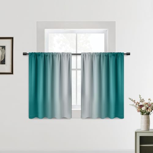 SimpleHome Teal Ombre Rod Pocket Curtains for Kitchen, 2 Panels, 52Wx36L - Small Kitchen Window Curtains Over Sink - Thermal Insulated Window Half Short Curtains for Cafe/RV Camper/Bathroom