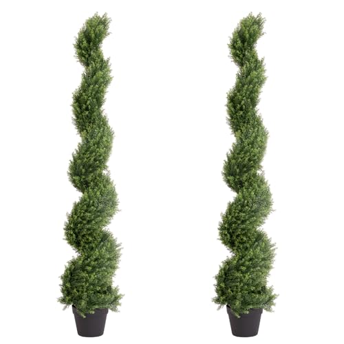 THE BLOOM TIMES 5ft Artificial Topiary Trees Set of 2 Pack - 59 inch Faux Cedar Cypress Spiral Topiary Trees Outdoor - Fake Plants for Garden Front Porch Indoor Outside Planter Decor 5 Foot