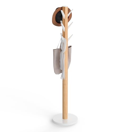 Umbra Flapper Coat Rack, Flip Down Clothing Rack, 9 Hooks, White/Natural - Rubberwood pole, holds 45 lbs total, compact footprint, easy assembly, entryway storage, hat and umbrella holder