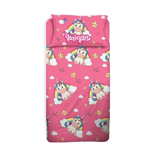 hermet Unicorn Single Bed Sheet for Girls, Complete Bed, Pink, Top Sheet, Fitted Sheet, Pillowcase, 100 Percent Cotton, Bed Sheets for Bedroom