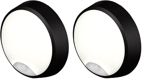 4lite Pylus Outdoor Round Wall Light (Black) 1100lm Motion Sensor Bulkhead IP54 LED Integrated Exterior Light - 4L2/3214/PIR - 4Yr Guarantee (Pack of 2)