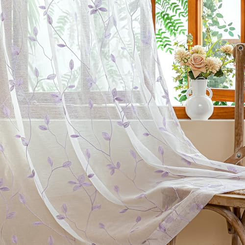 AmHoo 2 Panels Embroidered Leaf Pattern Semi Sheer Curtains Foliage Floral Voile Window Draperies Treatment for Bedroom Living Room Rod Pocket White Lavender Purple 53 x 84 Inch