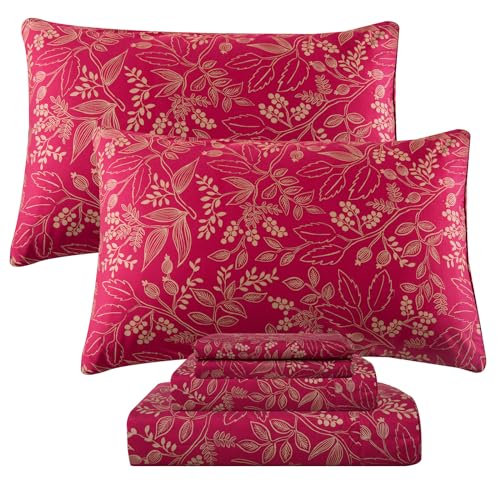 "QSH Floral King Size Sheet Sets - 100% Egyptian Cotton Floral Bedding Sheets Red Flower Pattern Botanical Printed Bedding King Size Bed Sheets 17.5"" Extra Deep Pocket 4pcs"
