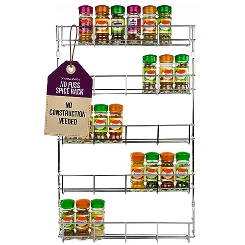andrew james 1/2/3/4/5 Spice Rack Organiser ??? No Assembly Needed - Chrome Hanging Spice Shelf for Inside Cupboard Door or Wall Mounted - Kitchen Organiser & Storage Rack with Fixings - Holds 40 Jars