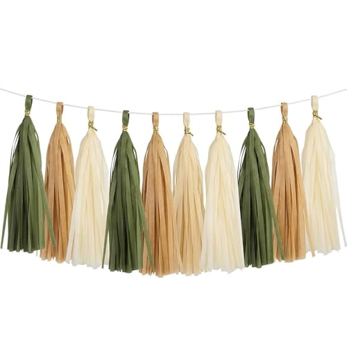15PCS DIY Tissue Tassel Garland Olive Green Kraft Tan Brown Cream Neutral Party Banner for Greenery Safari Jungle Woodland Baby Shower Camp Bachelorette Bridal Shower Birthday Nursery Classroom D??cor