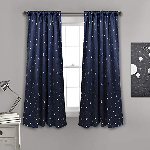 "Lush Decor Light Filtering, Energy Efficient (Pair), Navy Star Blackout Curtains-Window Panel Set, 52"" W x 63"" L"