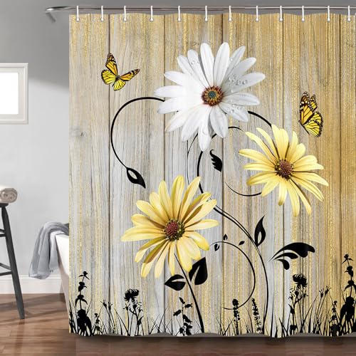Rustic Farmhouse Floral Shower Curtain, Farm Teal Daisy Floral Butterfly Old Plank Rustic Shower Curtain, Turquoise Blue Fabric Bathroom Accessory Set with Hooks, 69 x 70, Yellow