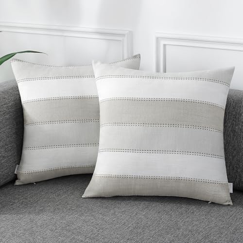 AmHoo Pack of 2 Farmhouse Stripe Check Throw Pillow Covers Set Case Cotton Linen Decorative Pillowcases Cushion Cover for Couch Bench Sofa 16x16Inch Light Grey Beige