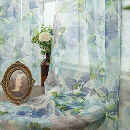 ZJYPRSCU Floral Sheer Curtains 84 Inches Long Blue Flower Printed French Country Semi Sheer Curtain for Nursery Bedroom Living Room Linen Look Blossom Patterned Rod Pocket Voile Drapes 2 Panels